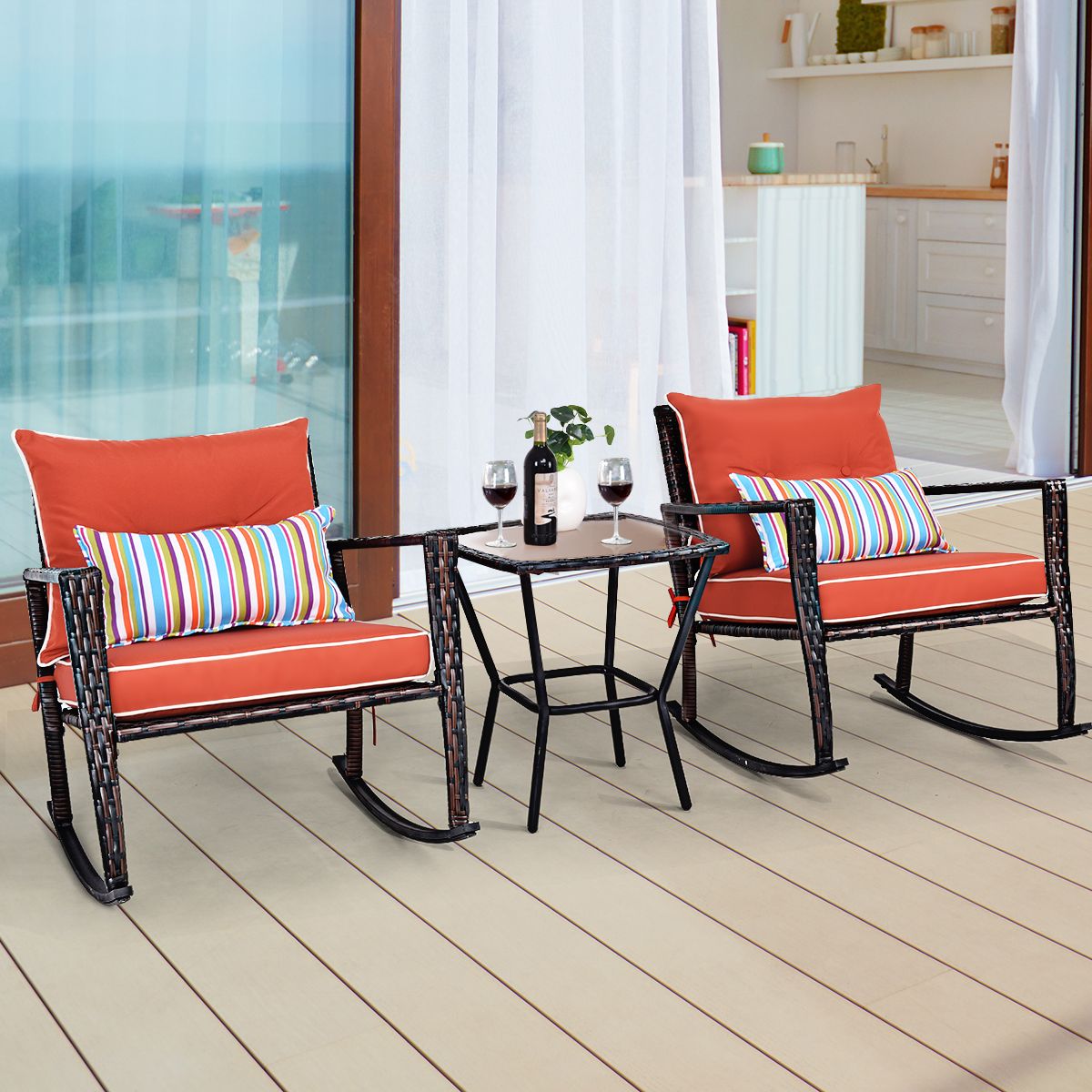 Ensemble de Jardin avec 2 Fauteuils  Bascule et 1 Table Basse en Verre Tremp Tous Coussins Inclus en Rotin PE -