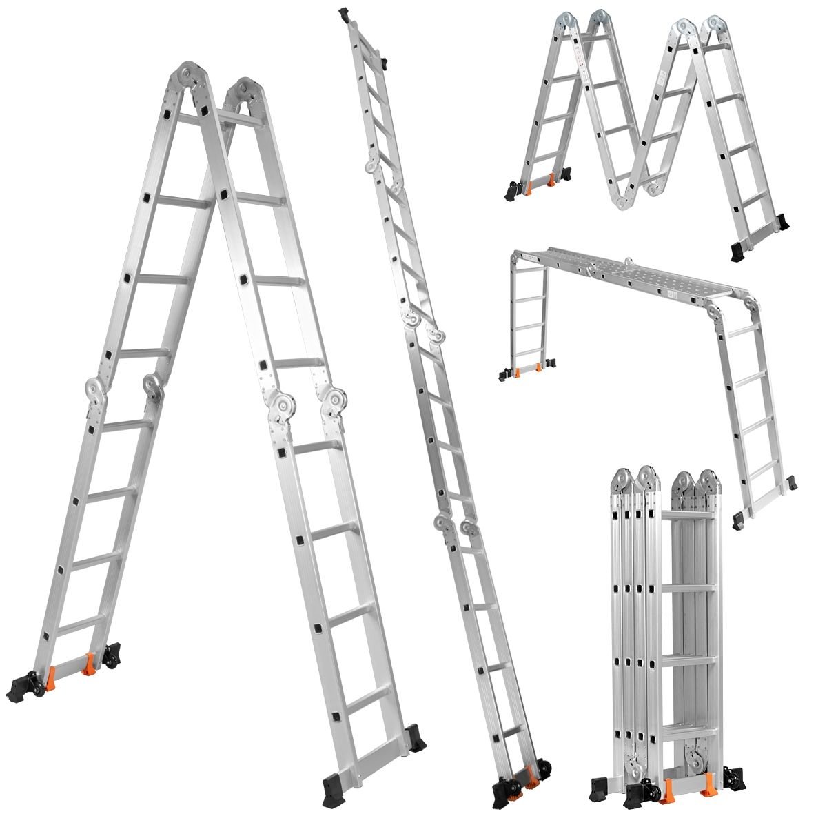 Échelle Polyvalente 5 en 1 avec 2 Montants 4 Plis 15 Echelons Pliable et Multifonction Capacité 150kg en Aluminium -