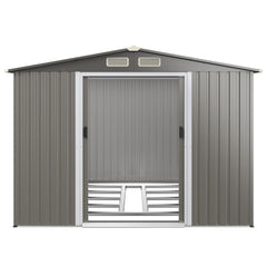 Abri de Jardin Métal Extérieur 9.74m³ Acier Galvanisé avec Fondation 4 Persiennes Double Porte et Rampe 260 x 207 x 181 cm Gris Foncé/Gris Clair -