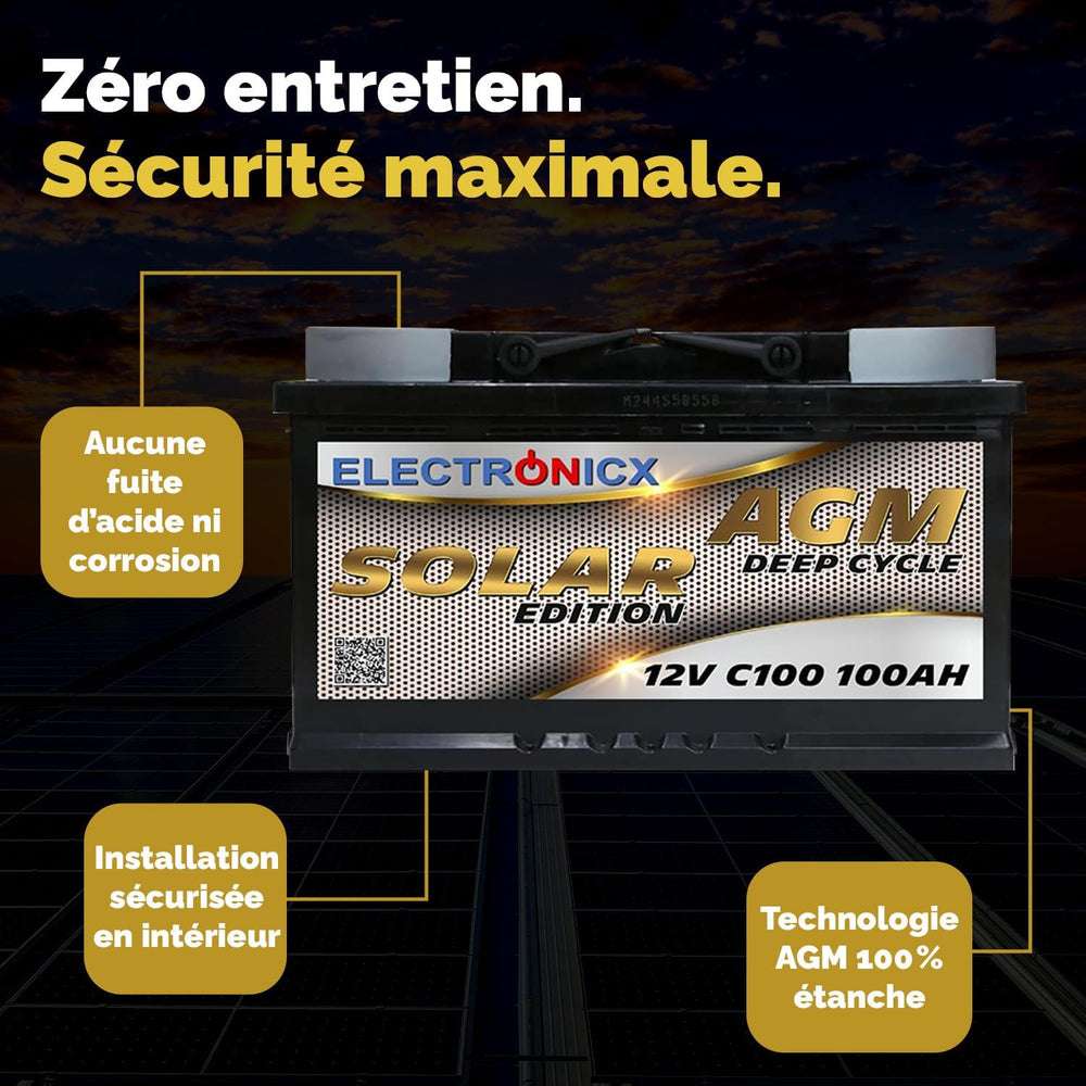 Batterie Solaire AGM 12V 100Ah Décharge Profonde sans Entretien pour Camping-Car, Voiture, Bateau, Jardin et Systèmes Solaires Autonomes Batterie Énergie Electronicx Solar Edition