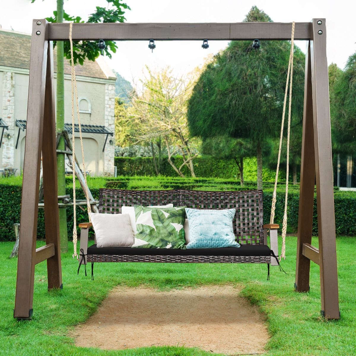 Banc Suspendu de Jardin en Rotin 2 Place Accoudoirs en Bois d'Acacia Cadre en Métal Coussin Cordes Crochets Blanc/Noir -