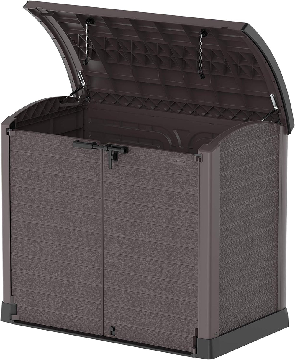 Duramax StoreAway 1200L Plastic Garden Shed/ Flat Lid,Outdoor Storage Shed,Wheelie Bin Hideaways,Wheelie bin box,Durable Construction,Ideal for Bikes,BBQs & 2x 240L Bins,145x85x125 cm,Brown