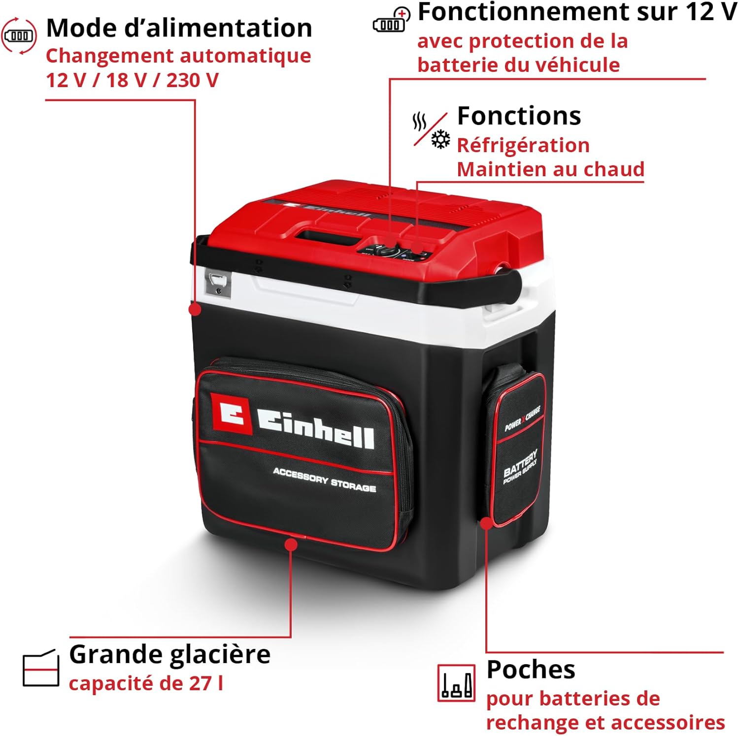 Einhell Glacière portable sans fil TE-COL 18/27 Li-Solo Power X-Change (18 V, 27 l, refroidit et maintient au chaud, mode hybride 12 V pour la voiture et 230 V sur secteur, avec poches, sans batterie)