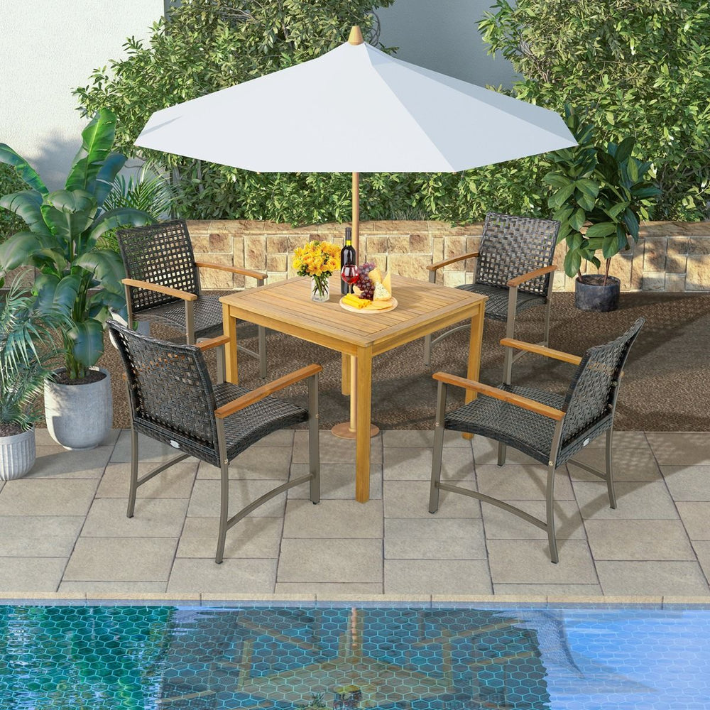 Ensemble de 4 Chaises en Rotin pour l'Extérieur Chaises avec Accoudoirs en Bois d'Acacia Structure Métallique Robuste Chaises Ergonomiques -