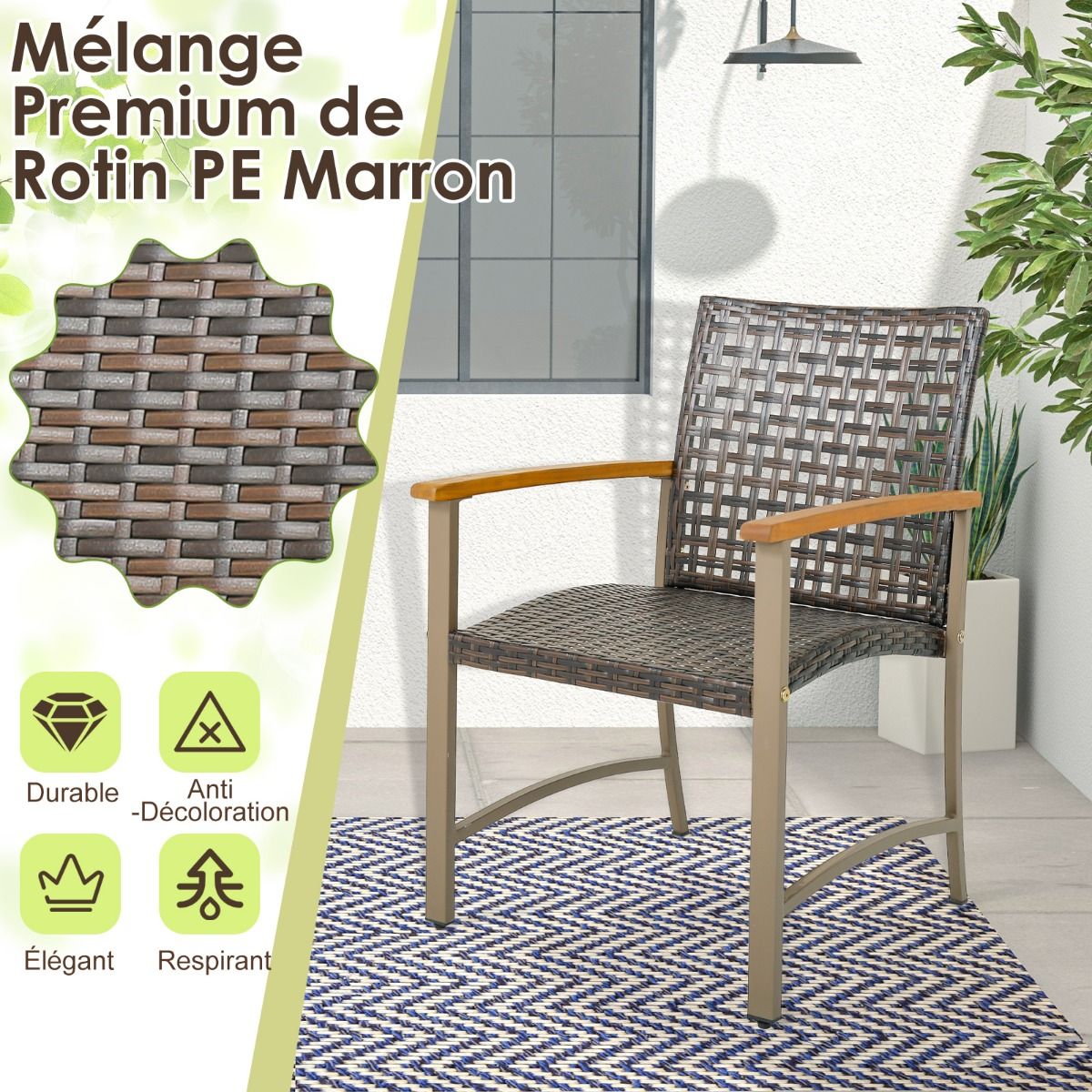 Ensemble de 4 Chaises en Rotin pour l'Extrieur Chaises avec Accoudoirs en Bois d'Acacia Structure Mtallique Robuste Chaises Ergonomiques -
