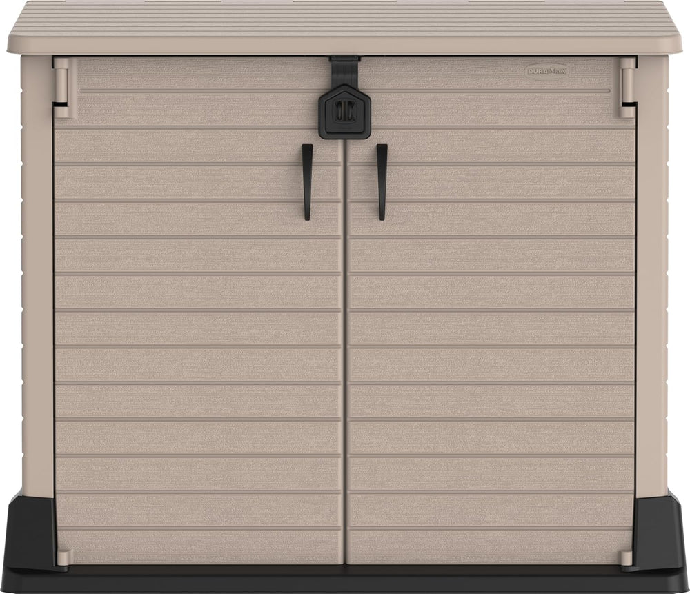 Duramax StoreAway 1200L Plastic Garden Shed/ Flat Lid,Outdoor Storage Shed,Wheelie Bin Hideaways,Wheelie bin box,Durable Construction,Ideal for Bikes,BBQs & 2x 240L Bins,145x85x125 cm,Brown