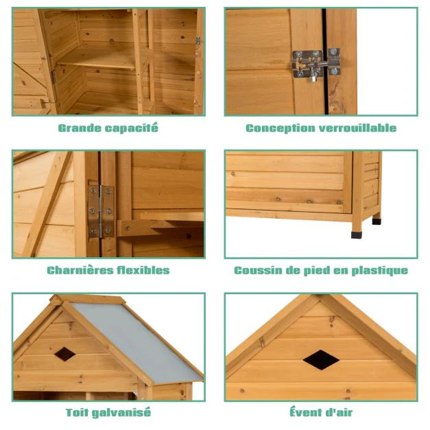 Abri de jardin extérieur à 5 etagères cabane verrouillable en bois de sapin toit en tle galvanisée 20_0005485 -