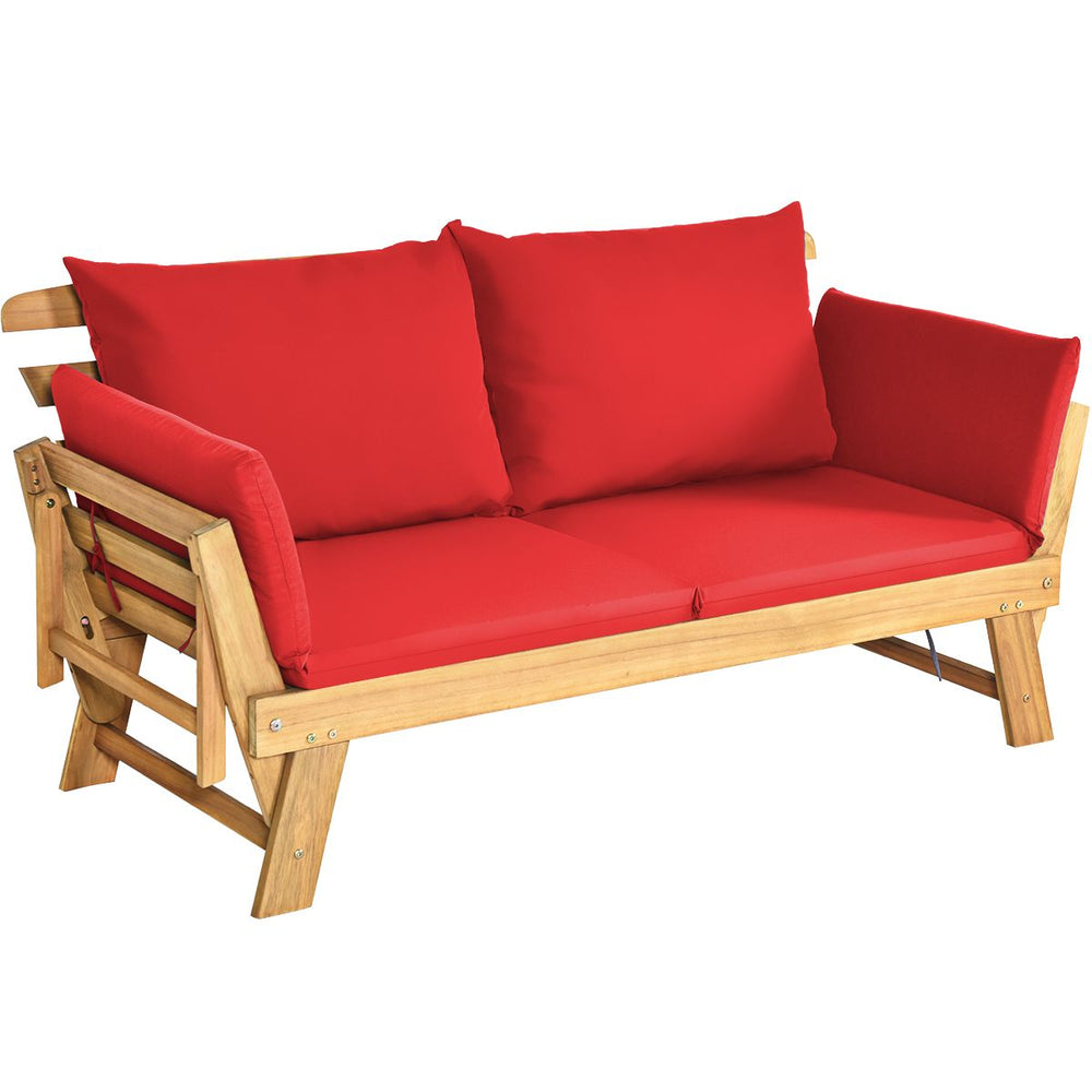 Chaise Longue Convertible avec Coussin Canapé de Jardin 2 en 1 en Bois d’Acacia avec Accoudoir Réglable pour Patio Piscine Jardin Blanc/Gris/Bleu/Rouge -