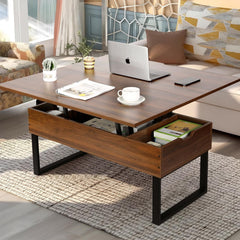 VOWNER Table Basse Relevable, Table de Salon Multifonctionnelle 3 en 1 avec Rangement Caché, Table Basse Convertible Manger de Salon, Couleur Noyer
