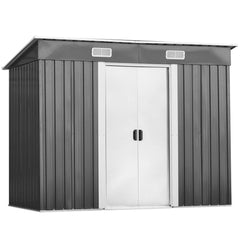 Abri de Jardin  l'Extrieur en Acier Galvanis avec 2 Portes,4 Bouches d'Aration pour Stocker Outils 238 x 131 x 181CM Gris+Blanc -