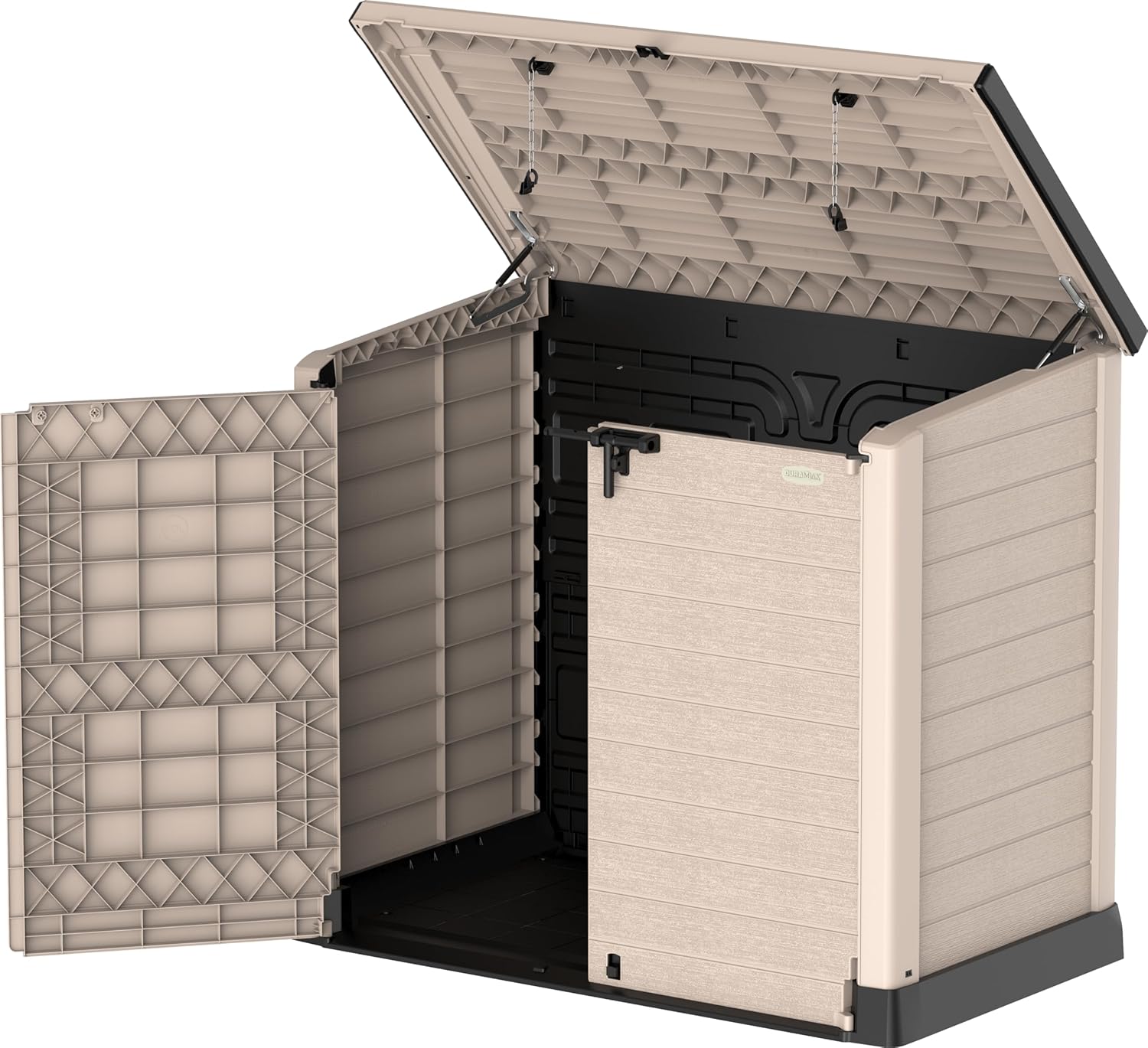 Duramax StoreAway 1200L Plastic Garden Shed/ Flat Lid,Outdoor Storage Shed,Wheelie Bin Hideaways,Wheelie bin box,Durable Construction,Ideal for Bikes,BBQs & 2x 240L Bins,145x85x125 cm,Brown