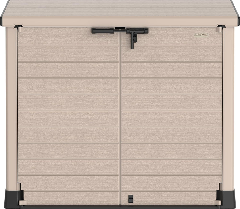 Duramax StoreAway 1200L Plastic Garden Shed/ Flat Lid,Outdoor Storage Shed,Wheelie Bin Hideaways,Wheelie bin box,Durable Construction,Ideal for Bikes,BBQs & 2x 240L Bins,145x85x125 cm,Brown
