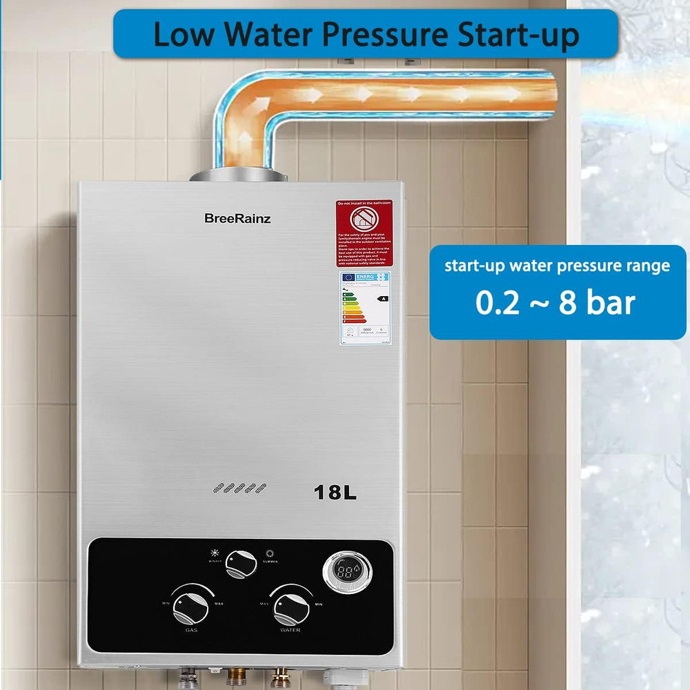 BreeRainz 18LPM Chauffe-Eau à Gaz,36KW Chauffe-Eau à Gaz Instantané Propane Butane,Pression d'eau de Démarrage Super Basse,pour Maison,Camping-car
