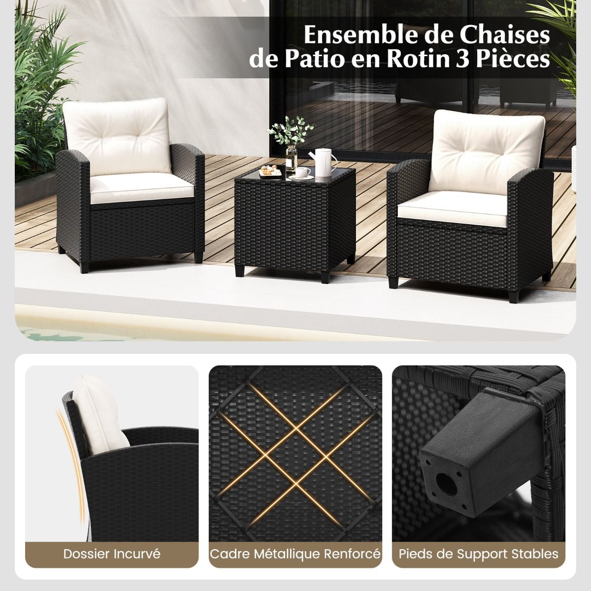 Ensemble de Meubles 3 Pices de Patio en Rotin Charge 180KG Salon de Jardin 2 Fauteuils Table Basse avec Plateau Noir/Beige/Blanc -