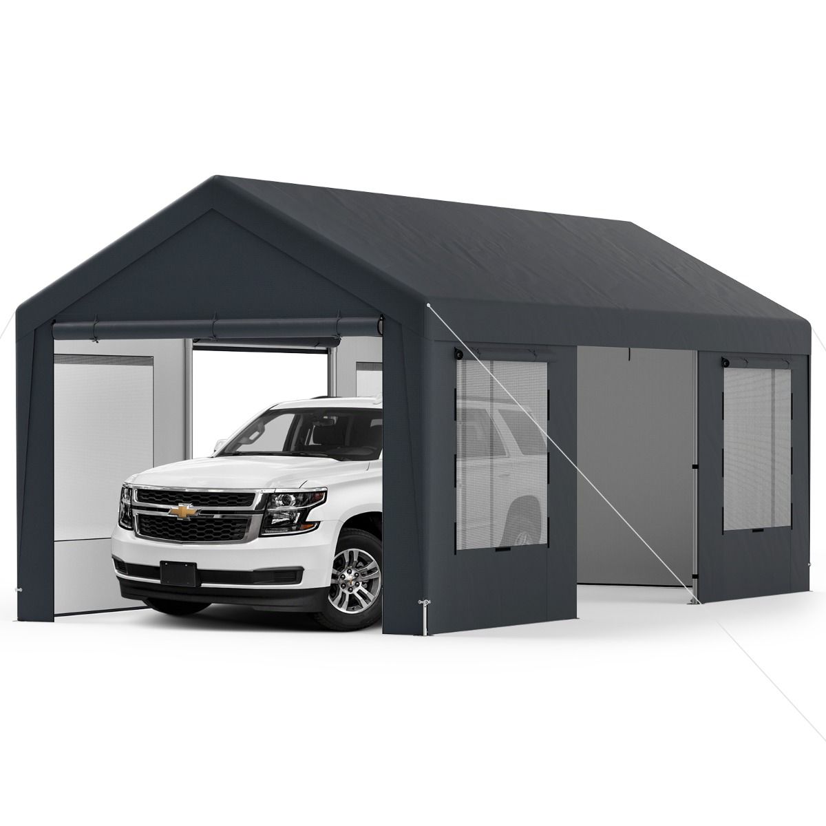 Abri de Voiture 595 x 300 cm Extérieur Tente de Garage avec 8 Parois Latérales Amovibles Portes Enroulables Fenêtres Ventilées Gris -