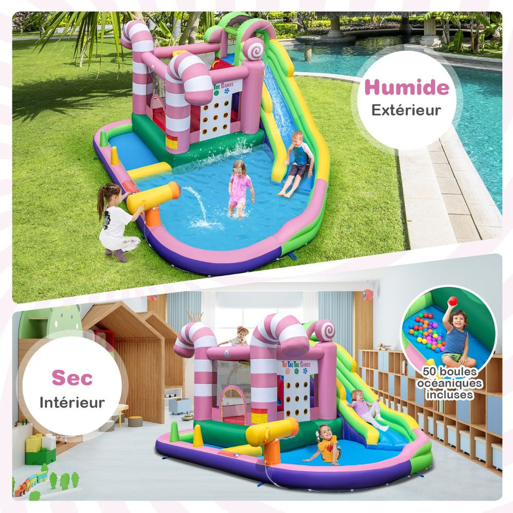 9 en 1 Château Gonflable en Forme Bonbons avec Toboggan Maison de Saut Gonflable avec Pistolet à Eau Charge 90kg pour 2 Enfants de 3-10 Ans -