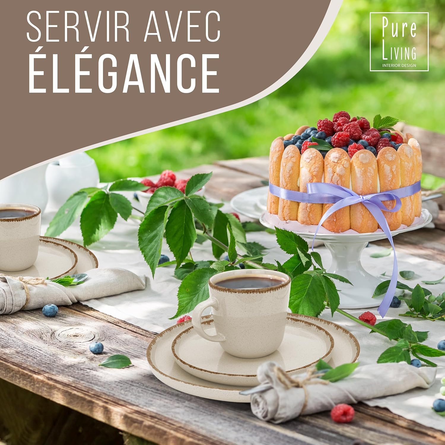 Ensemble Vaisselle en Grès 6 Personnes Rustique 24 pièces - Service de Table Rustique, Lavable au Lave-Vaisselle - Ensemble de Bols et Assiettes - Vaisselle de Table Pure Living en beige