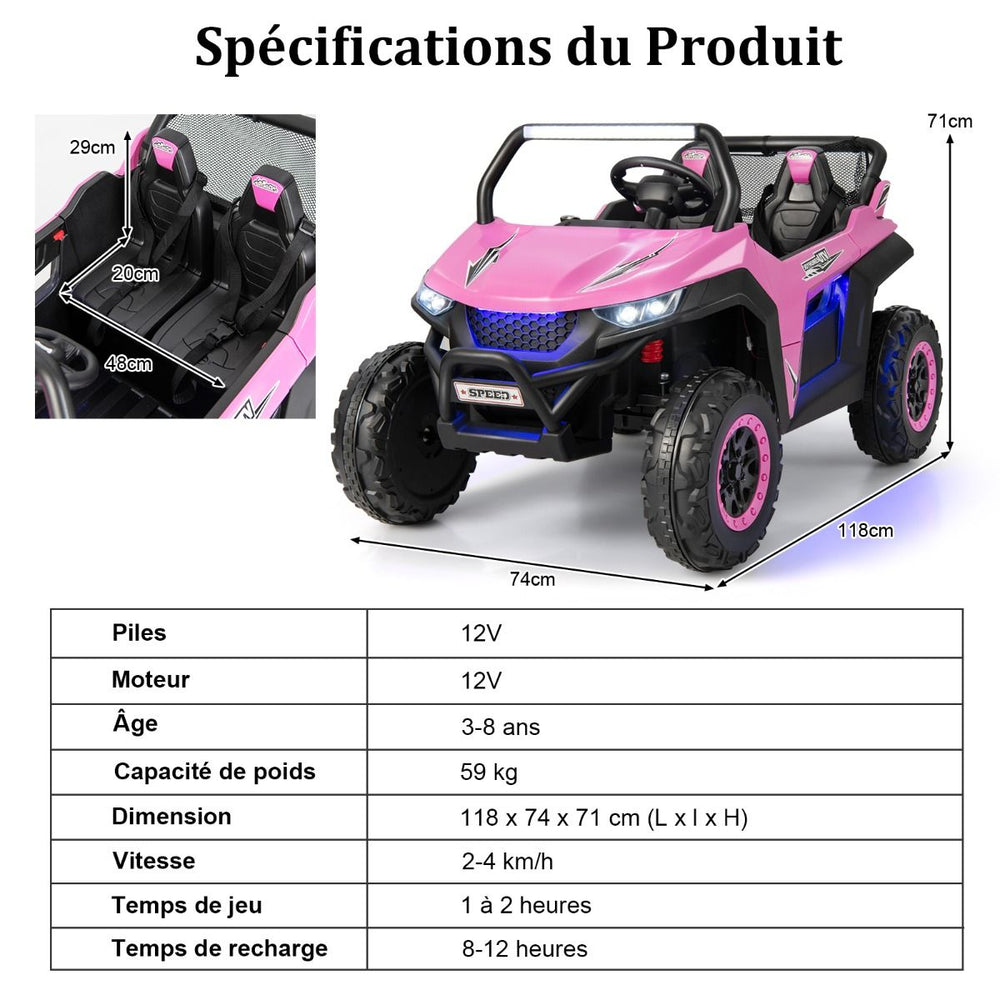 Voiture électrique Enfant 12 V Télécommande pour 3-8 Ans 2 Vitesses Ressort de Suspension Charge 59KG 118x74x71CM Noir/Rose/Rouge -