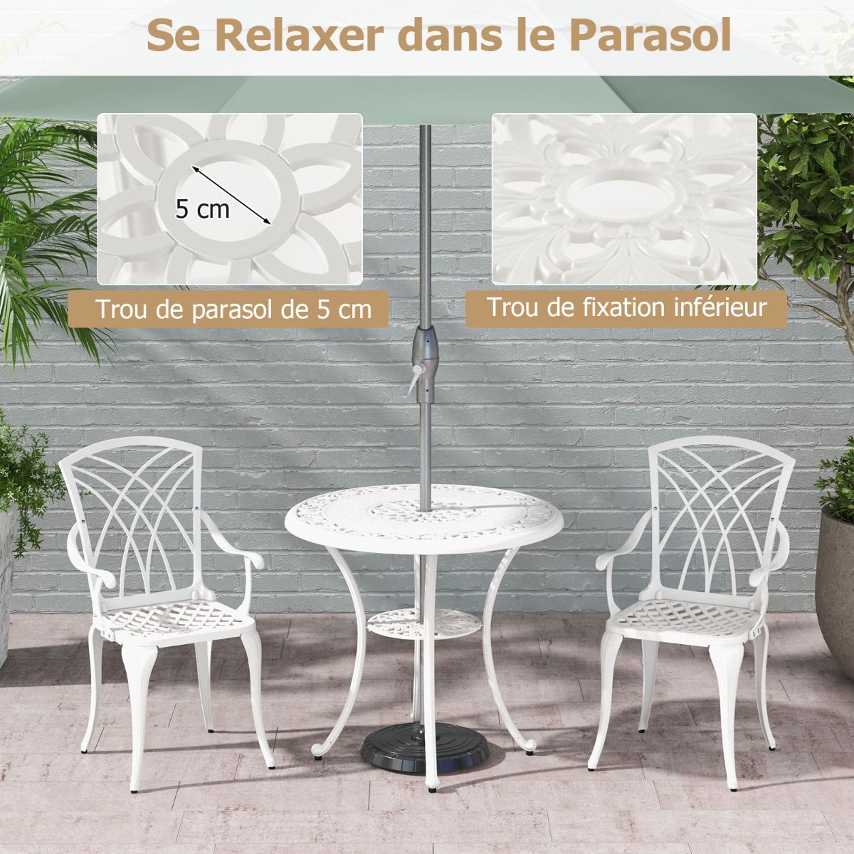 5 Pcs Salon de Jardin en Fonte d'Aluminium Trou pour Parasol Repose-pieds Réglables Ensemble de Table Ronde et 4 Chaises Blanc -