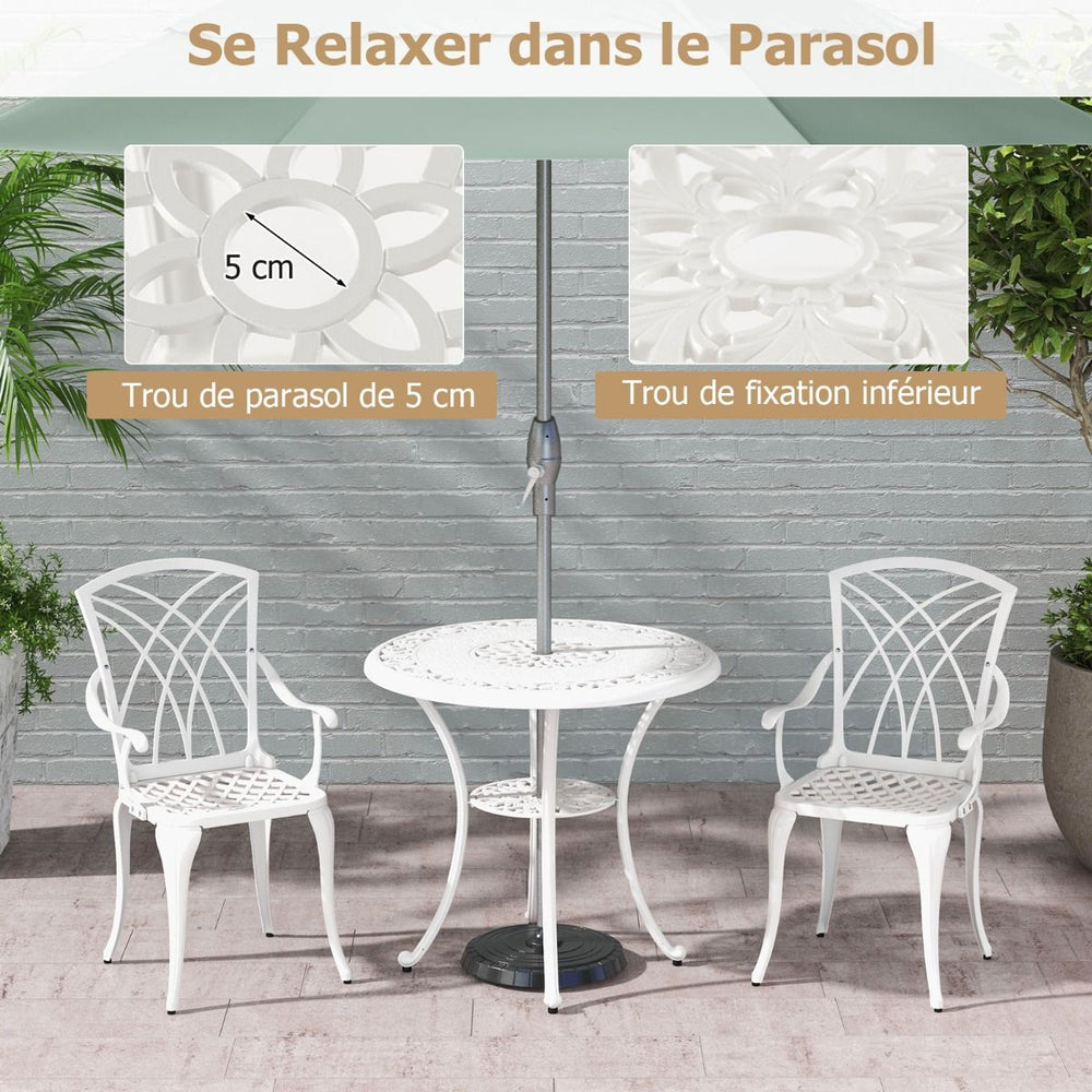 5 Pcs Salon de Jardin en Fonte d'Aluminium Trou pour Parasol Repose-pieds Réglables Ensemble de Table Ronde et 4 Chaises Blanc -