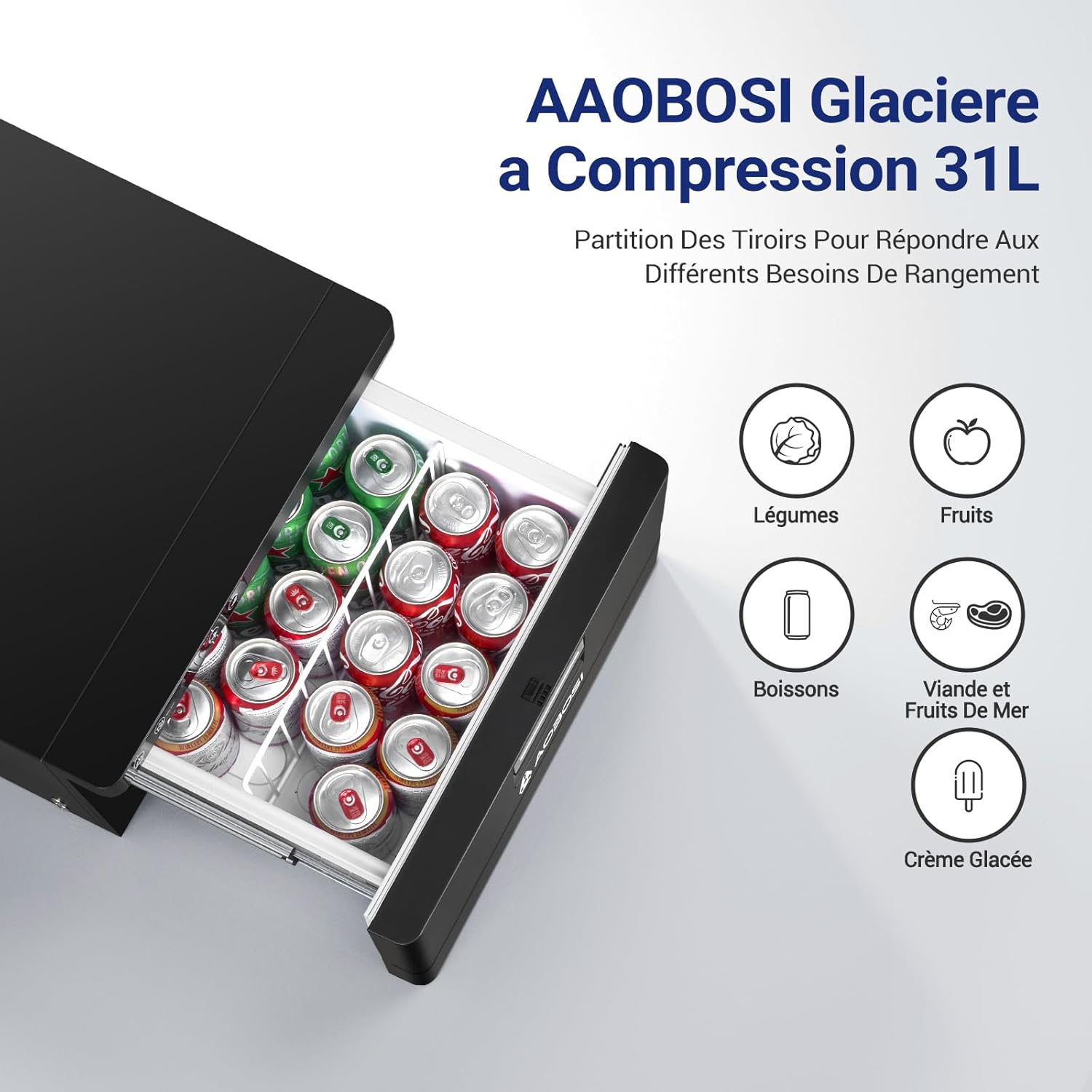 AAOBOSI 31L Tiroir Glaciere Electrique, Glaciere a Compression avec APP, Glaciere Caravane 12V/24V, -20℃ à 20℃ Glacière Électrique pour Voiture, Camion, Bateau, Camping-Car