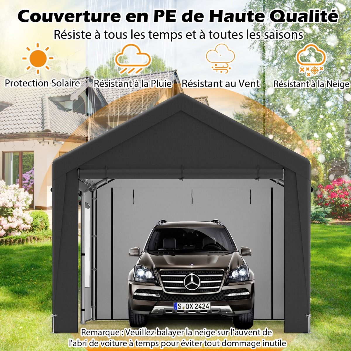 Abri de Voiture 595 x 300 cm Extérieur Tente de Garage avec 8 Parois Latérales Amovibles Portes Enroulables Fenêtres Ventilées Gris -