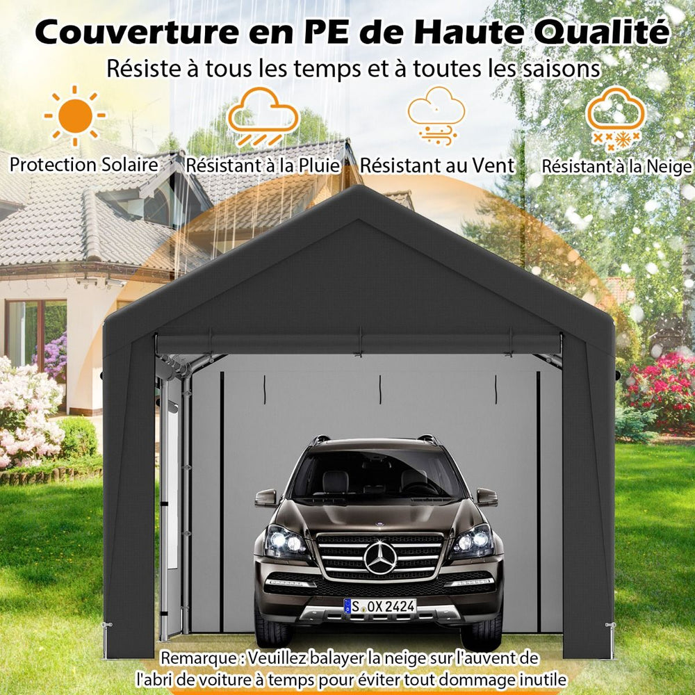 Abri de Voiture 595 x 300 cm Extérieur Tente de Garage avec 8 Parois Latérales Amovibles Portes Enroulables Fenêtres Ventilées Gris -