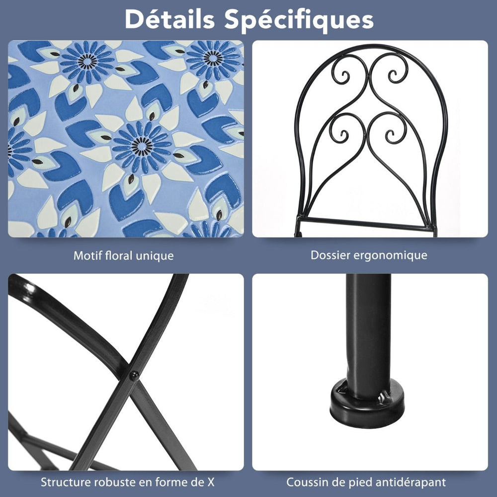 Ensemble Table et 2 Chaises Pliantes de Bistrot 2 Personnes Design Carreaux de Mosaïque Collés sur du Ciment pour Terrasse -