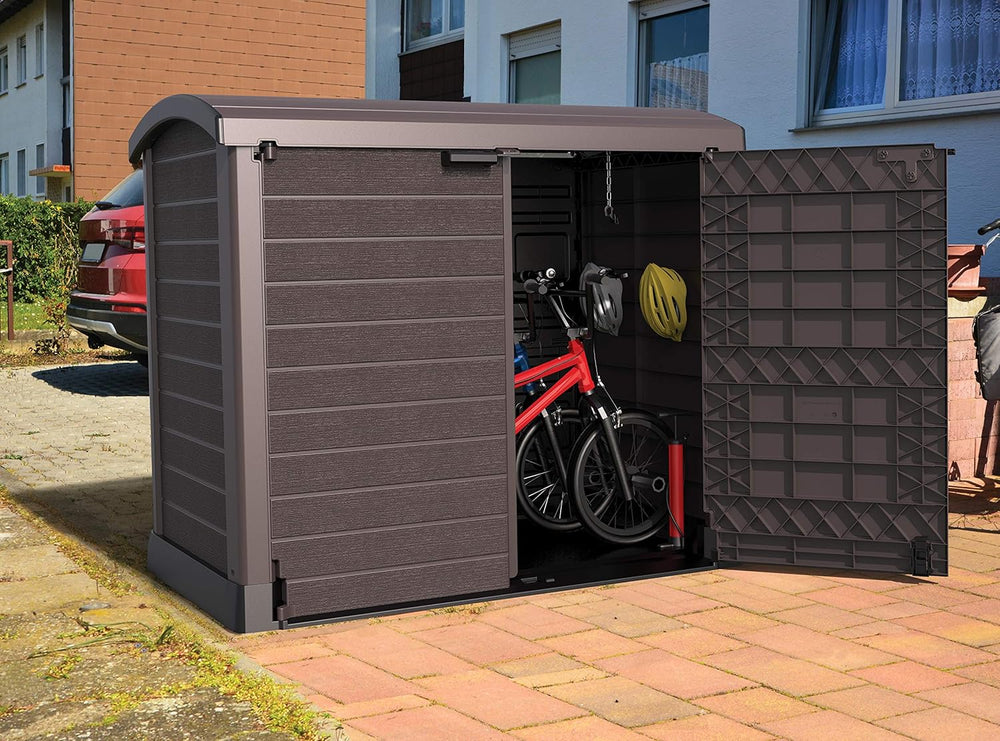Duramax StoreAway 1200L Plastic Garden Shed/ Flat Lid,Outdoor Storage Shed,Wheelie Bin Hideaways,Wheelie bin box,Durable Construction,Ideal for Bikes,BBQs & 2x 240L Bins,145x85x125 cm,Brown