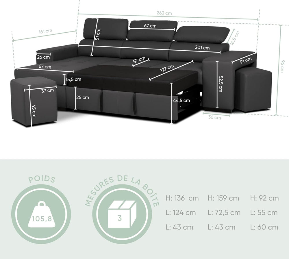 BUDWING John Canapé-Lit d’Angle 4 Places – Chaise Longue Réversible, Têtières Réglables et 2 Poufs – Revêtement en Polyuréthane – Style Moderne – 263x161x96 cm – Noir
