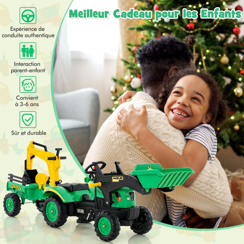 3 en 1 Tracteur pour Enfant avec 6 Roues Jouet Pelle Remorque Amovible avec Volant Klaxon 3  6 Ans Jaune/Vert -