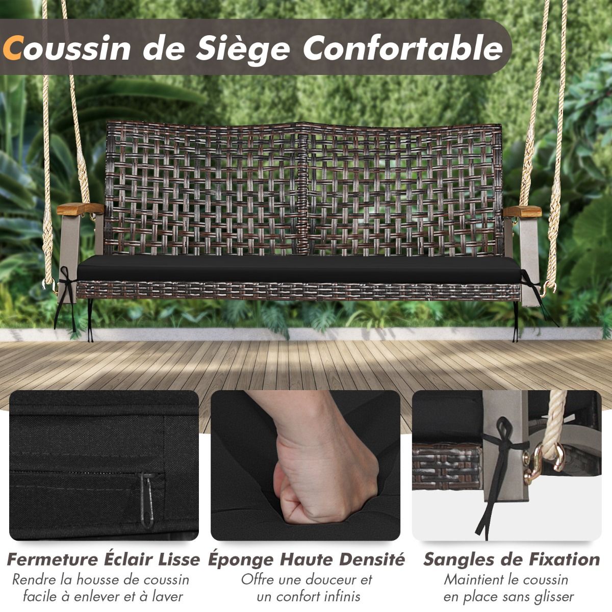 Banc Suspendu de Jardin en Rotin 2 Place Accoudoirs en Bois d'Acacia Cadre en Métal Coussin Cordes Crochets Blanc/Noir -