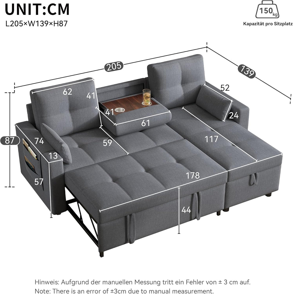 Zubaliya Canapé Convertible en Forme de L,canape lit 2 Places Convertible Gris,canapé 3 Places lit gigogne avec Fonction Couchage,équipé d'un Espace de Rangement