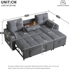 Zubaliya Canapé Convertible en Forme de L,canape lit 2 Places Convertible Gris,canapé 3 Places lit gigogne avec Fonction Couchage,équipé d'un Espace de Rangement