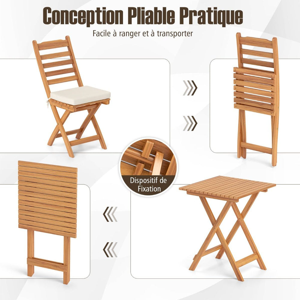 Ensemble Bistrot d'Extérieur en Bois d'Acacia Ensemble de Chaises Pliantes et Table Coussins de Siège Sans Accoudoirs à Dossier Haut Blanc -
