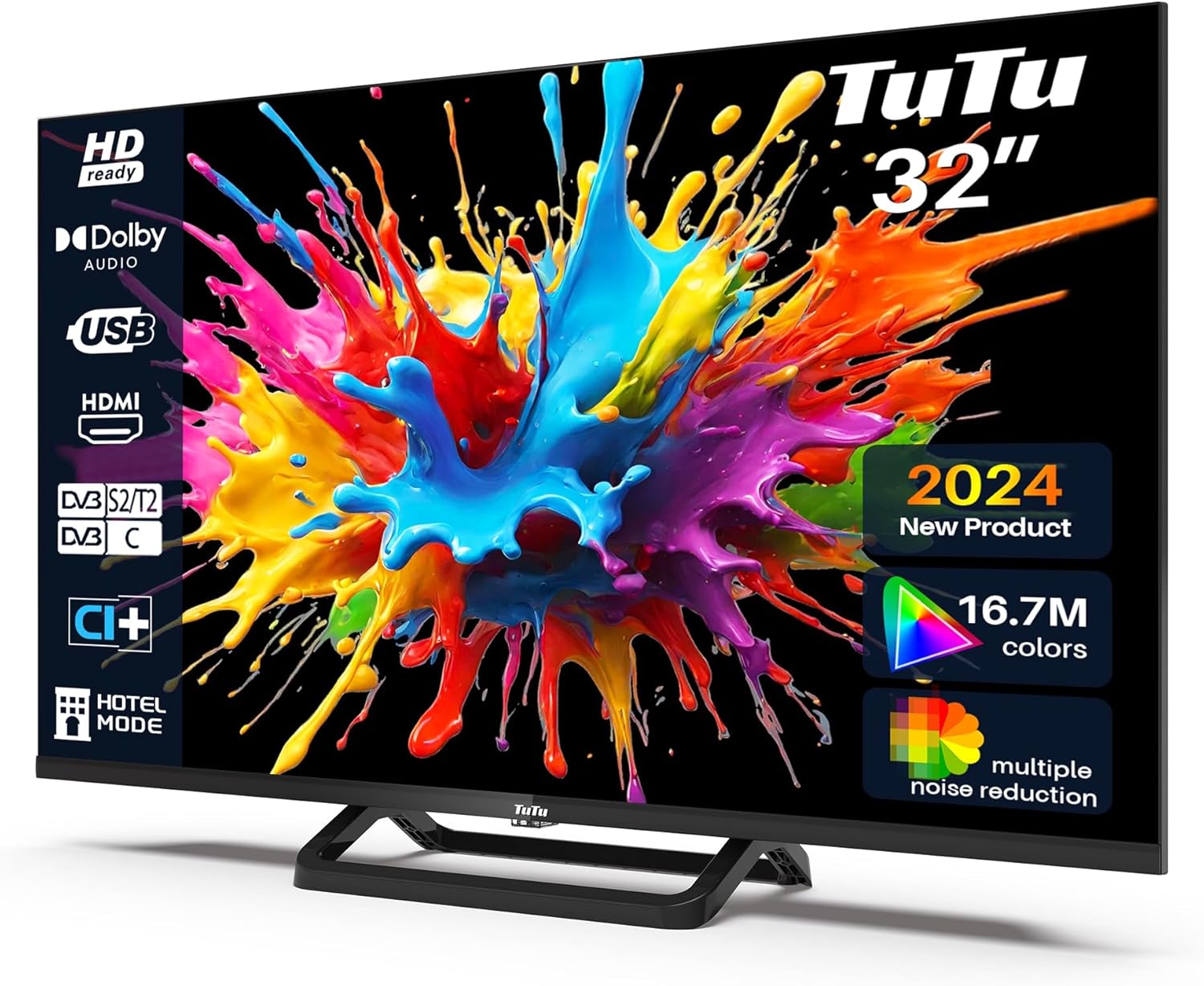 TuTu Téléviseurs 32 Pouces (80 cm) LED Central Pied TV HD Ready Triple Tuner (DVB-C / T2 / S2) HDMI x2 CI+ Lecteur multimédia USB 2.0 Mode hôtel Dolby Audio 2024