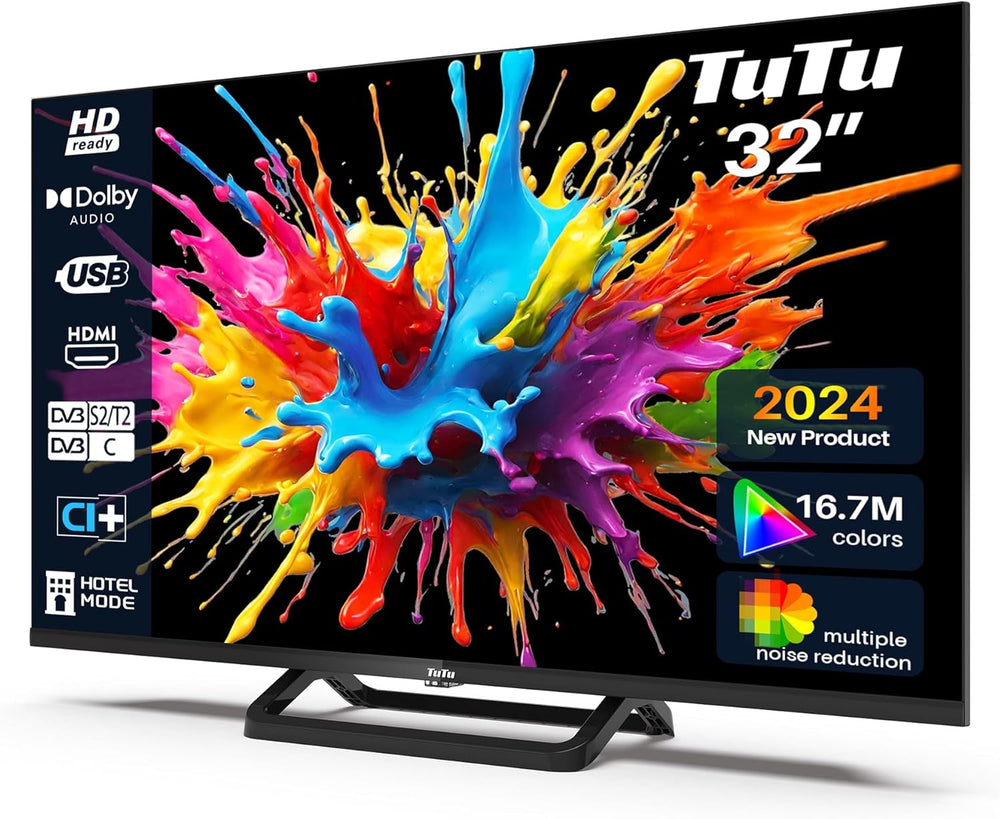 TuTu Téléviseurs 32 Pouces (80 cm) LED Central Pied TV HD Ready Triple Tuner (DVB-C / T2 / S2) HDMI x2 CI+ Lecteur multimédia USB 2.0 Mode hôtel Dolby Audio 2024
