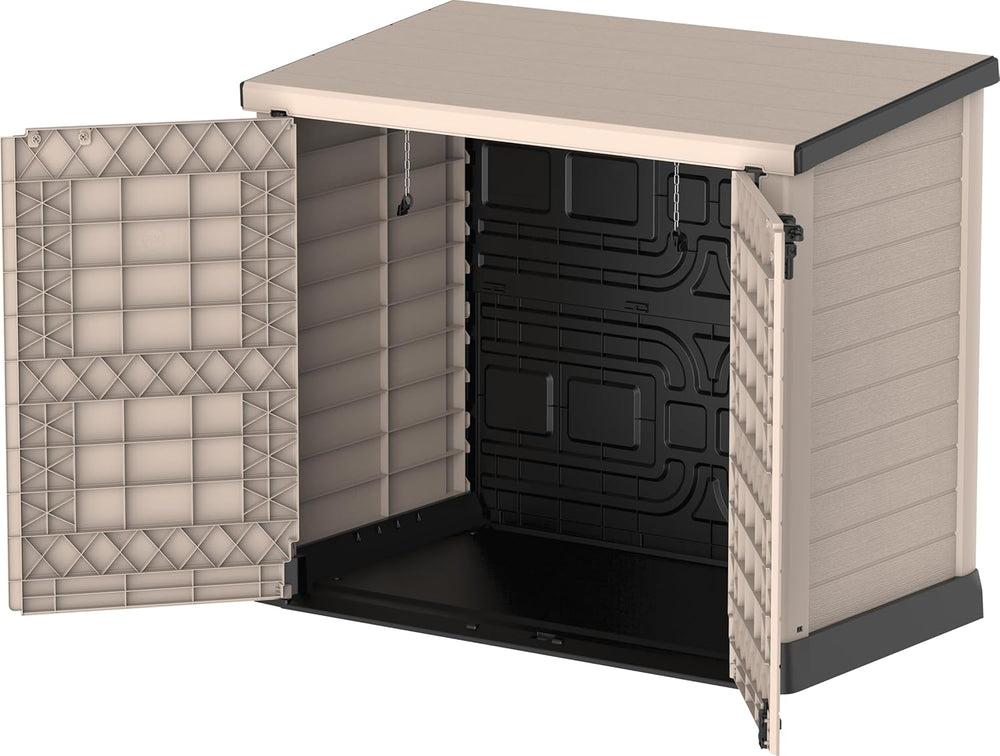 Duramax StoreAway 1200L Plastic Garden Shed/ Flat Lid,Outdoor Storage Shed,Wheelie Bin Hideaways,Wheelie bin box,Durable Construction,Ideal for Bikes,BBQs & 2x 240L Bins,145x85x125 cm,Brown