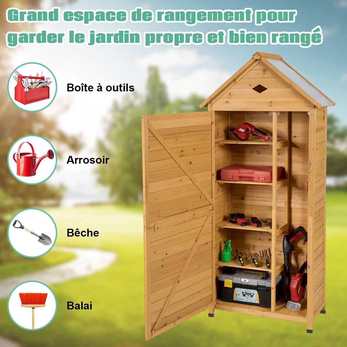 Abri de Jardin Extérieur à 5 Etagères Cabane Verrouillable en Bois de Sapin Toit en Tôle Galvanisée -