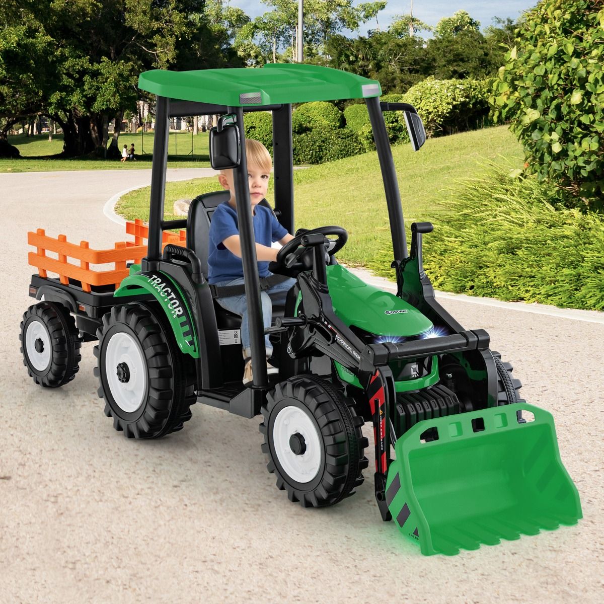 12V Tracteur lectrique Enfants avec Pelle&Remorque Amovible Vhicule lectrique  6 Roues avec Tlcommande & Musique 3-6 km/h pour 3-8 Ans Jaune/Vert -