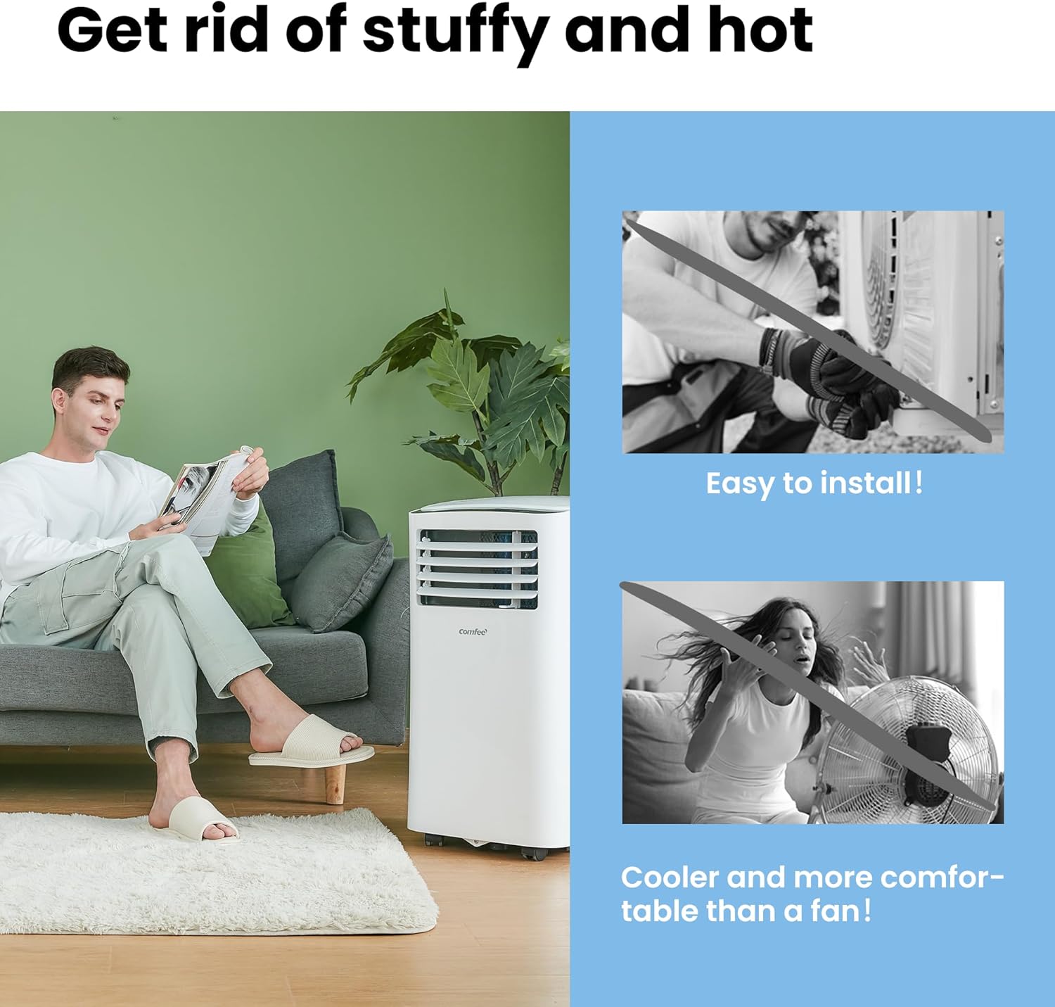 COMFEE' Climatiseur Mobile 9000 BTU/h 2,6kW, 3-EN-1 Refroidisseur Déshumidificateur Ventilateur, Fonction Follow me, Minuterie, Mode nuit, Pour salon et maison de 33㎡/88m³, MPPH-09CRN7, R290