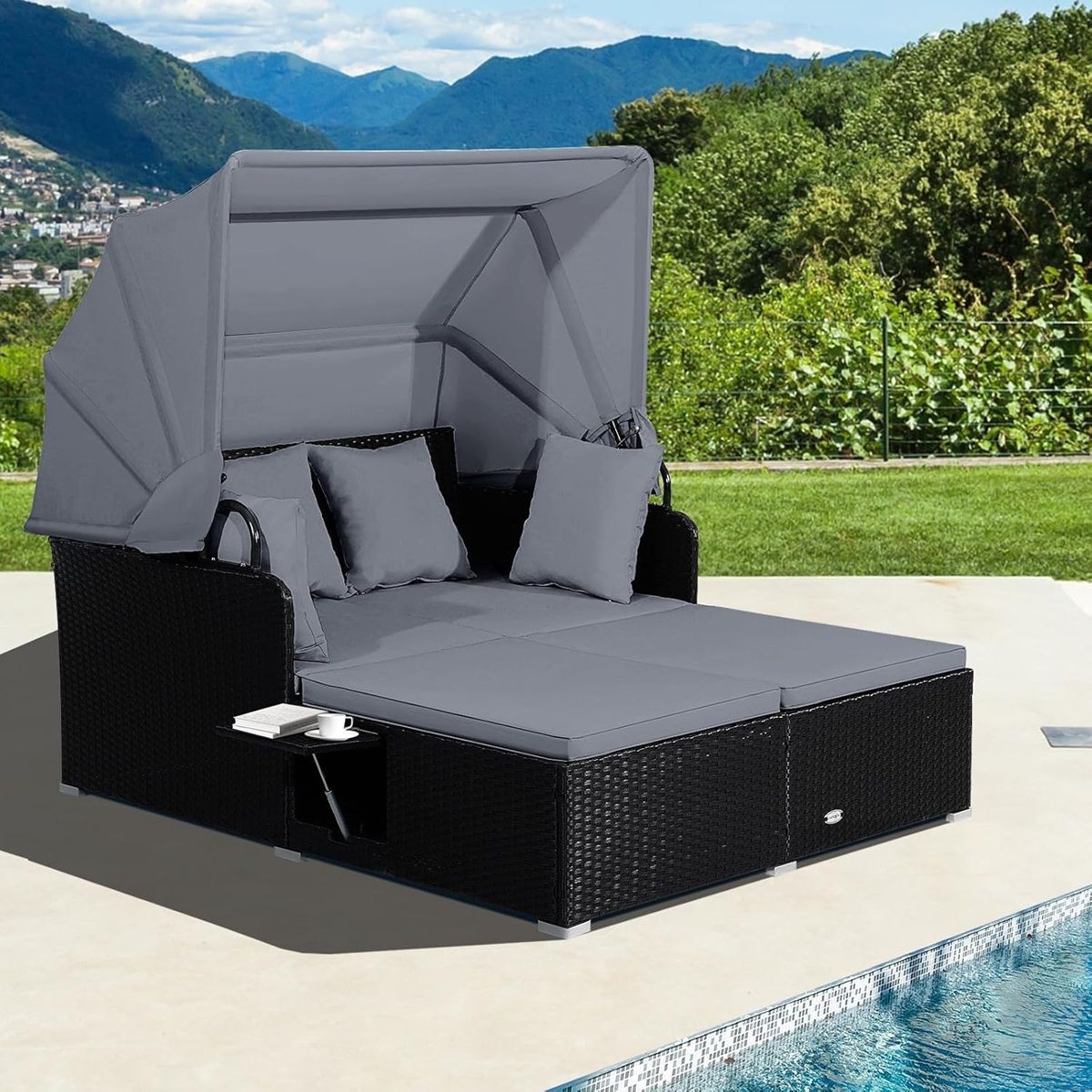 Chaise Longue à 2 Places en Rotin avec Auvent Rétractable Bain de Soleil avec Panneaux Latéraux Pliables Charge 360KG Beige/Gris -
