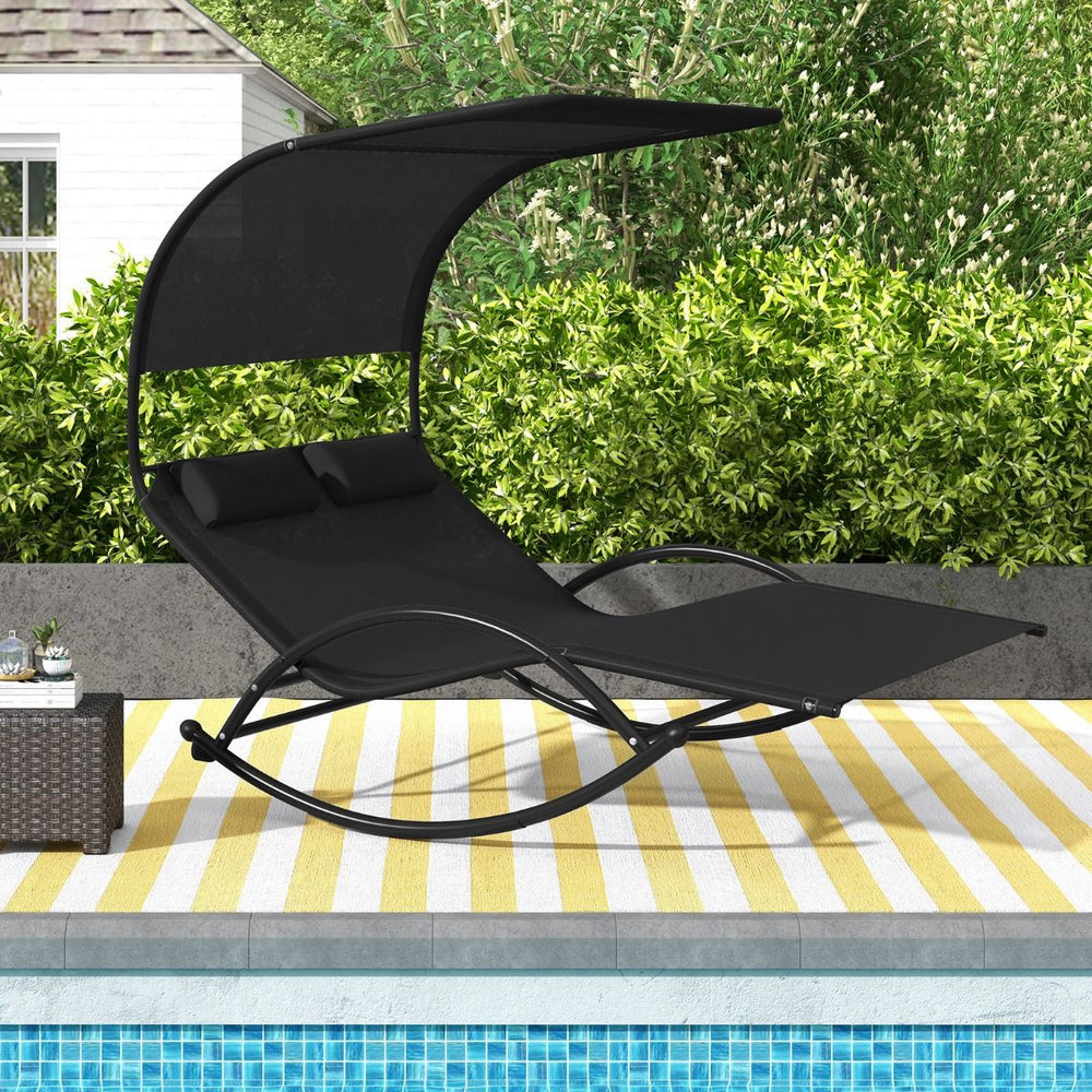 Chaise Longue Double Chaise  Bascule pour 2 Personnes 2 Appui-T锚tes Amovibles Cadre en Mtal Robuste Lit de Repos Ergonomique 2 Places Gris/Noir/Beige -
