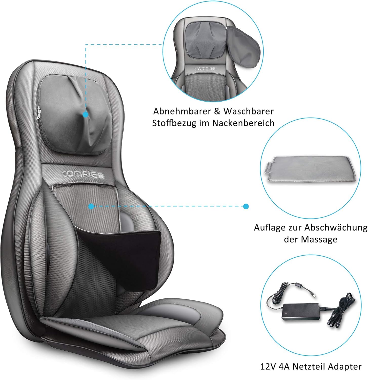 COMFIER Siège Massant Shiatsu avec Compression et Roulement - Masseur de Dos avec Chaleur, Chaise Massage de pétrissage pour Le Dos, Le Cou et Les épaules, Cadeau Papa Maman Femme Homme
