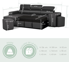 BUDWING John Canapé-Lit d’Angle 4 Places – Chaise Longue Réversible, Têtières Réglables et 2 Poufs – Revêtement en Polyuréthane – Style Moderne – 263x161x96 cm – Noir