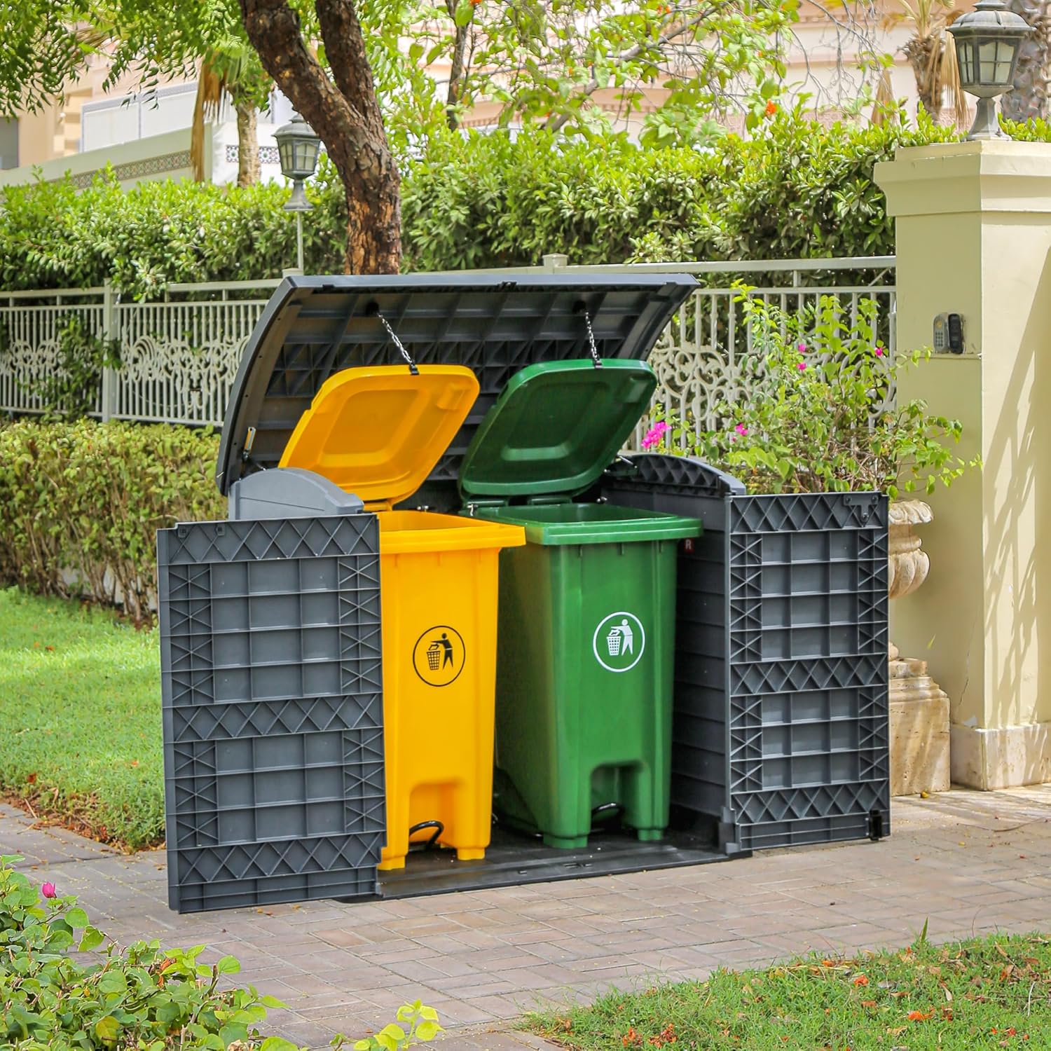 Duramax StoreAway 1200L Plastic Garden Shed/ Flat Lid,Outdoor Storage Shed,Wheelie Bin Hideaways,Wheelie bin box,Durable Construction,Ideal for Bikes,BBQs & 2x 240L Bins,145x85x125 cm,Brown