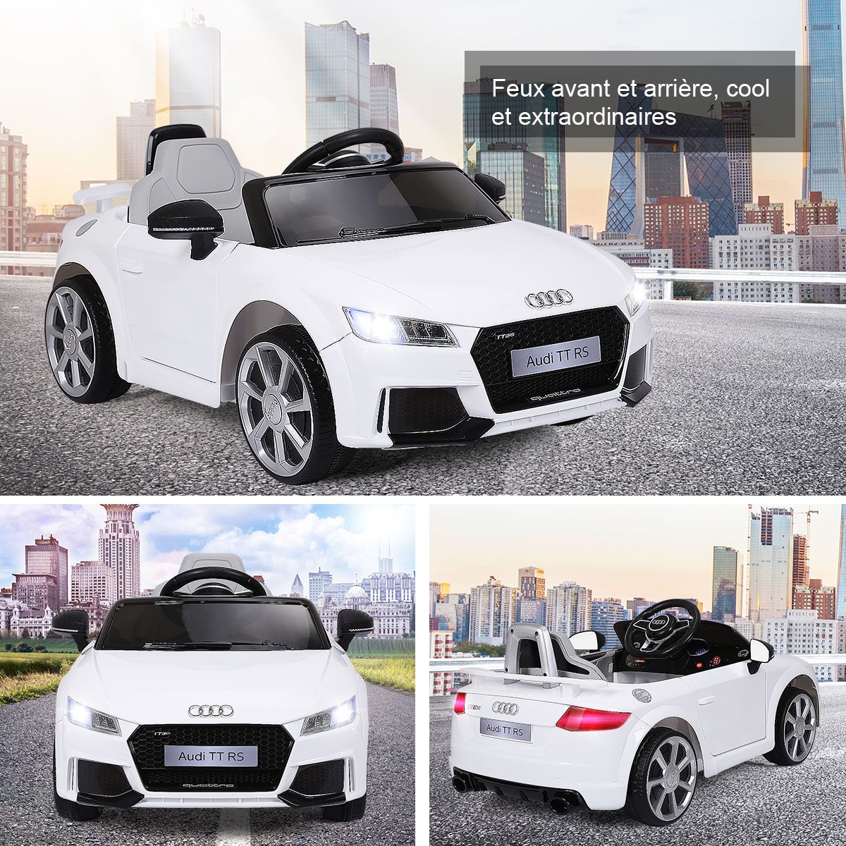 Voiture TTRS Electrique pour Enfants 12V Max. 5 Km/h Double Porte avec Télécommande 2.4G Blanc/Rouge -