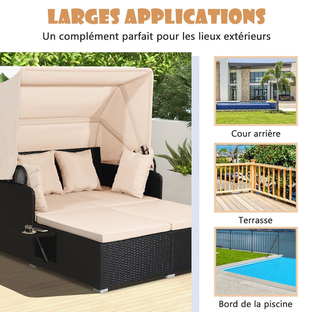 Chaise Longue à 2 Places en Rotin avec Auvent Rétractable Bain de Soleil avec Panneaux Latéraux Pliables Charge 360KG Beige/Gris -