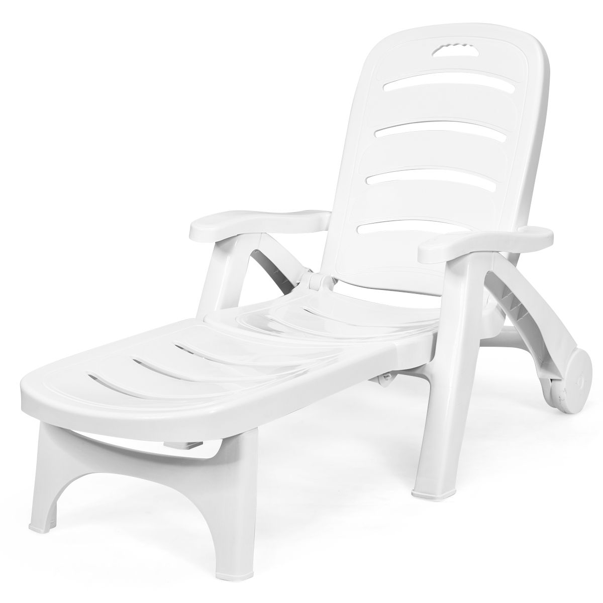 Chaise Longue Pliable Dossier Inclinable à 5 Positions avec Roues Intégrées pour Terrasse Jardin Piscine 150 kg Gris/Blanc/Bleu -