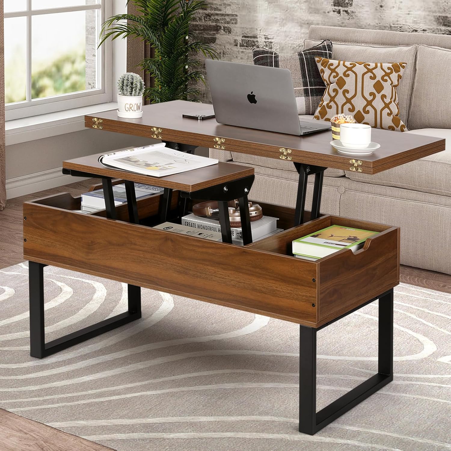 VOWNER Table Basse Relevable, Table de Salon Multifonctionnelle 3 en 1 avec Rangement Caché, Table Basse Convertible Manger de Salon, Couleur Noyer